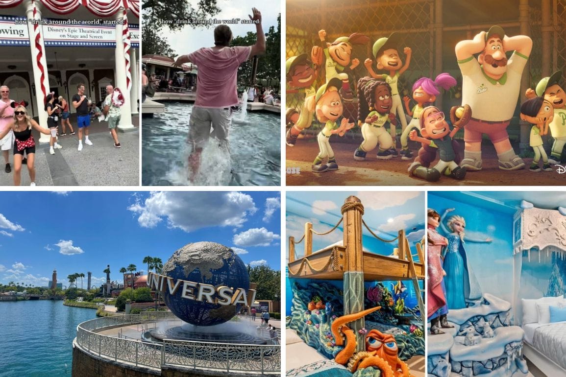 A collage of Universal Studios and EPCOT scenes, featuring visitors, attractions, and animated characters.