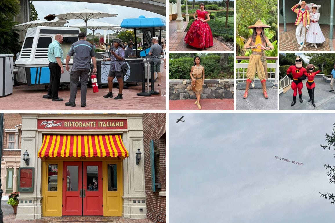 Collage of Disney World scenes: EPCOT visitors, costumed characters, an Italian restaurant, and a sky banner reading "AND SO MANY MEMORIES.