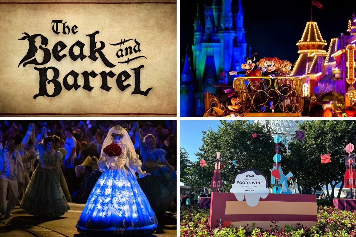 Collage: Beak and Barrel sign, Disney parade, blue-gown costume, Epcot Food & Wine Festival entrance—tickets and dates available.