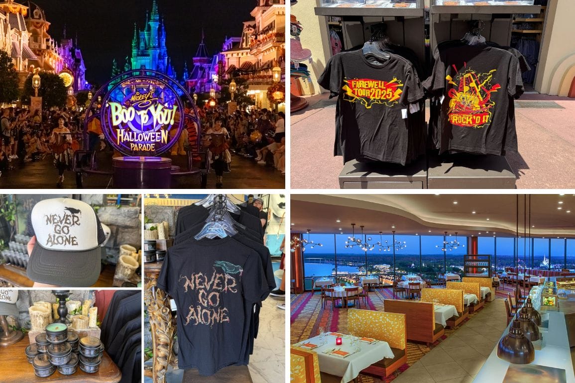 Collage of Disney park parade, themed shirts, a “Never Go Alone” cap at Mickey’s Not-So-Scary Halloween Party, and souvenir mugs.