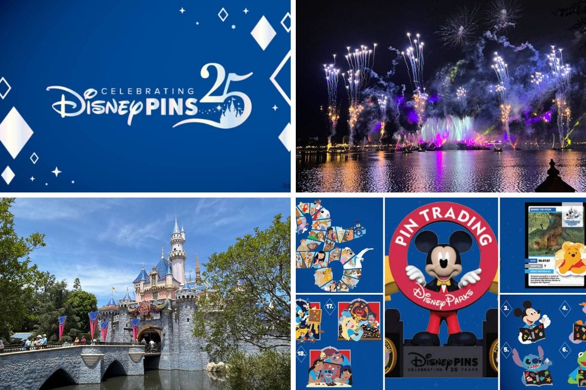 Collage: Disney Pins 25th logo, fireworks show, Disney World castle, and Fall 2025 Pin Trading Event displays with characters.