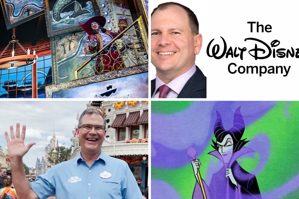A disney daily recap collage featuring Disney artwork, two smiling men, the company logo, and Maleficent.