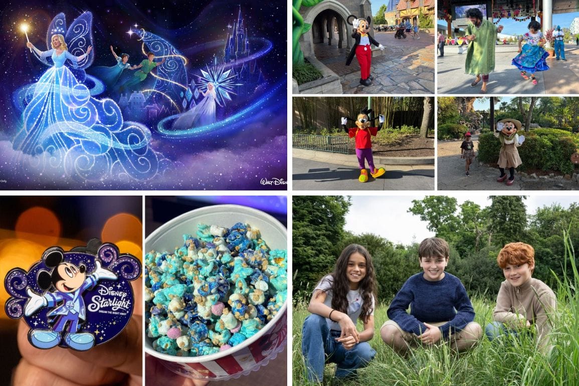 A collage of Disney characters, snacks, and three kids outdoors, with Magic Kingdom scenes and animated magic.