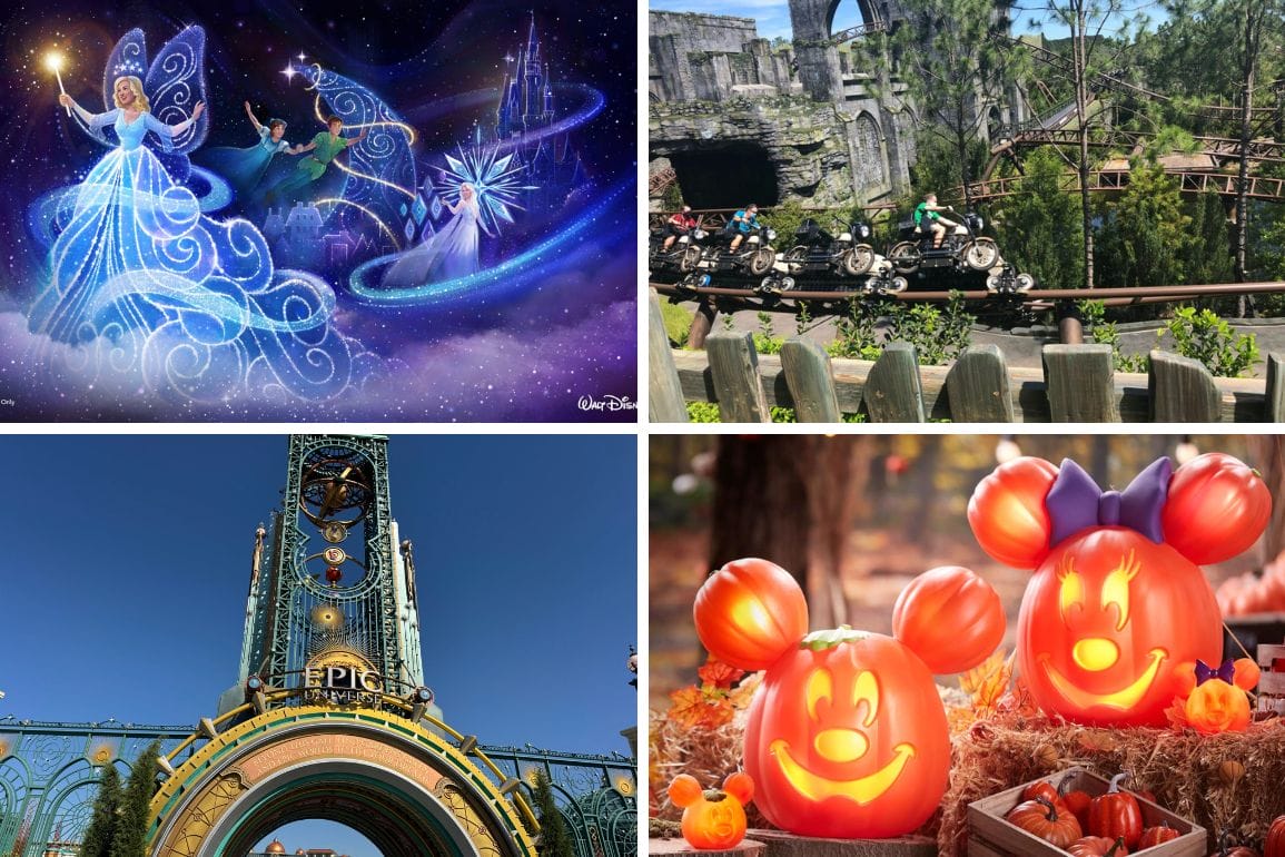 A collage shows Disney characters, a magical ride like Hagrid’s Magical Creatures Motorbike Adventure, and Mickey pumpkin decor.