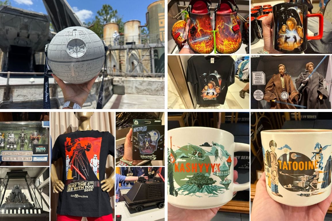 Collage of Star Wars Day merchandise, including mugs, shirts, toys, and collectibles displayed in a store and outdoors.