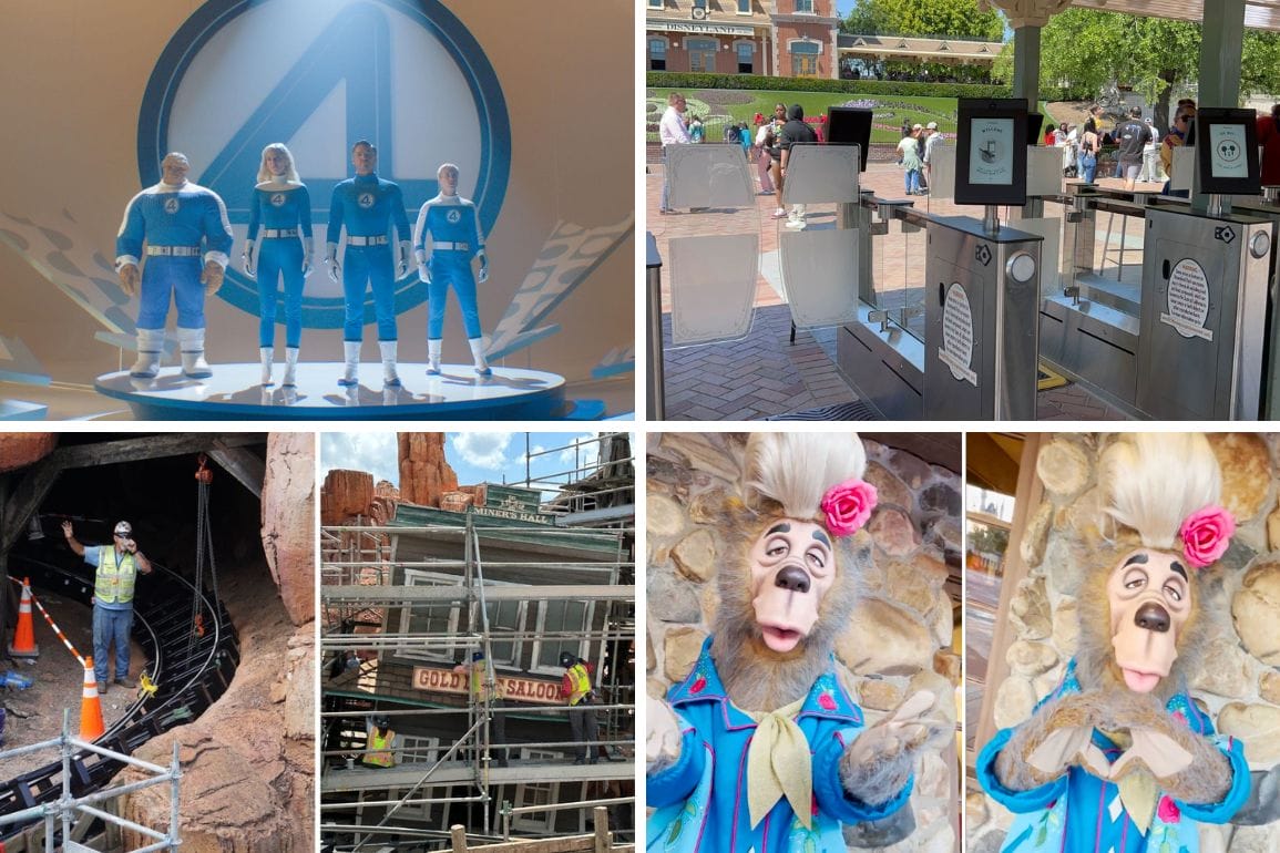 A collage showing Fantastic Four figures, park entry gates, ride construction, and Disney stock-themed animal characters.