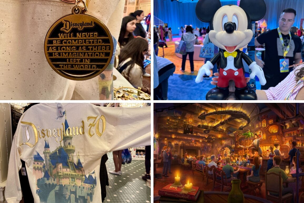 A daily recap collage of Disneyland-themed items: quote keychain, Mickey statue, 70th shirt, and lively tavern art.
