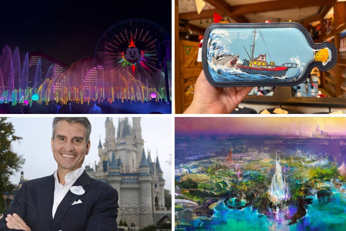 A daily recap collage: Disneyland water show, themed purse, smiling man, and vibrant theme park concept art.