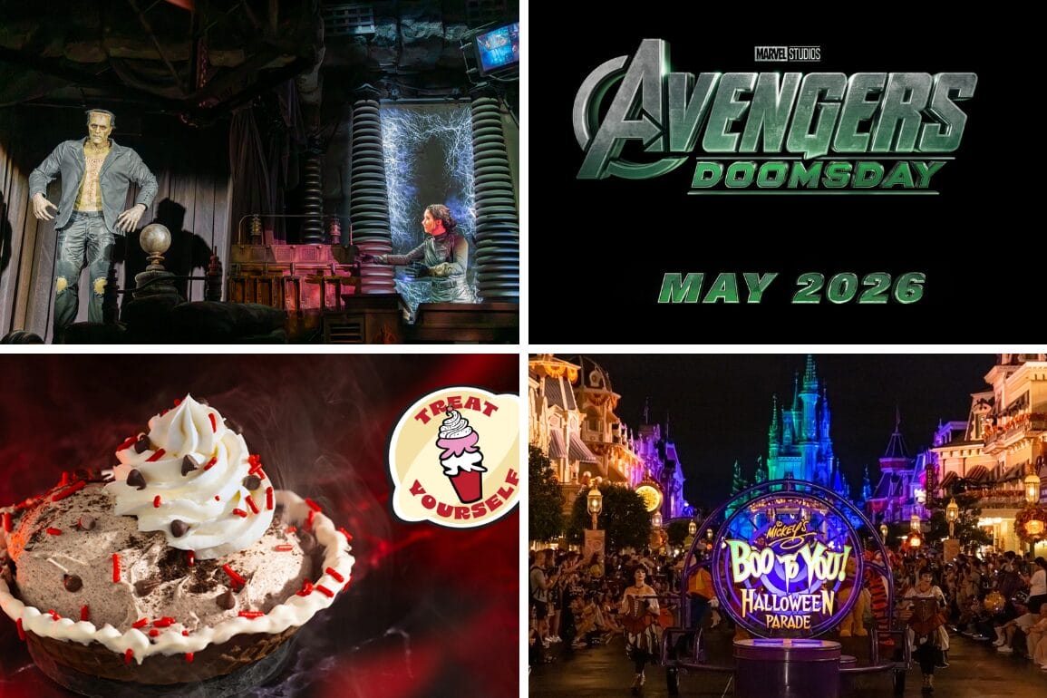 Collage: Frankenstein scene, Avengers Doomsday film logo, ice cream dessert, and a Disney Halloween parade daily recap.