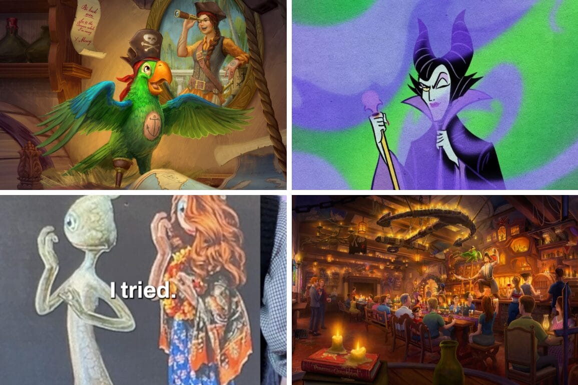 A Daily Recap collage: Pirates of the Caribbean vibes, Maleficent, alien saying "I tried," and a lively tavern scene.