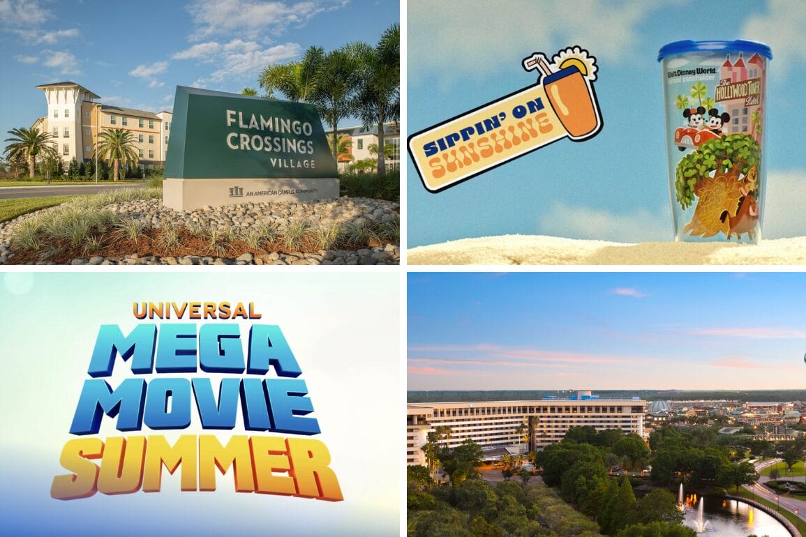 A daily recap collage with Flamingo Crossings Village, a themed cup, "Mega Movie Summer" text, and a resort building.