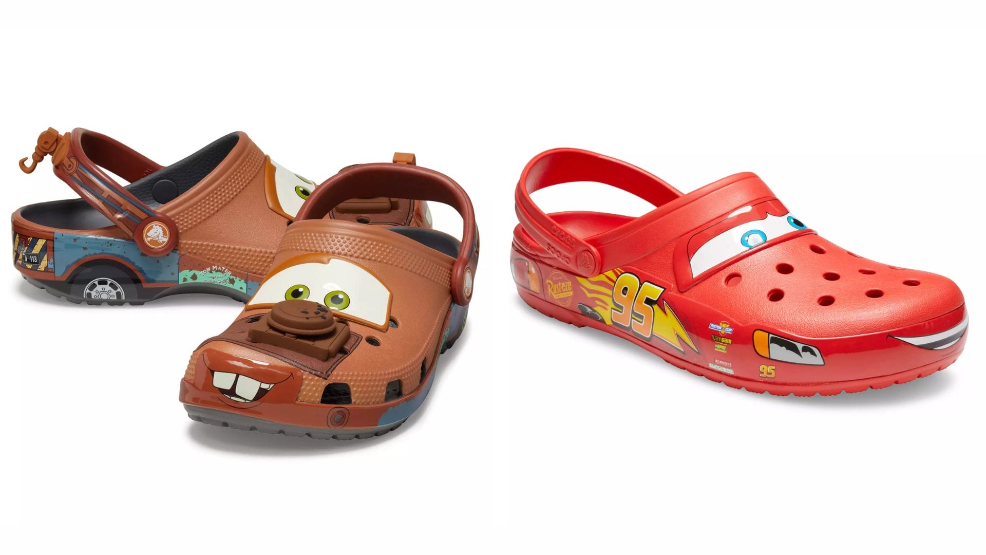 Two pairs of kids' Crocs from the Disney Store featuring Mater Crocs (brown) and Lightning McQueen (red) designs.