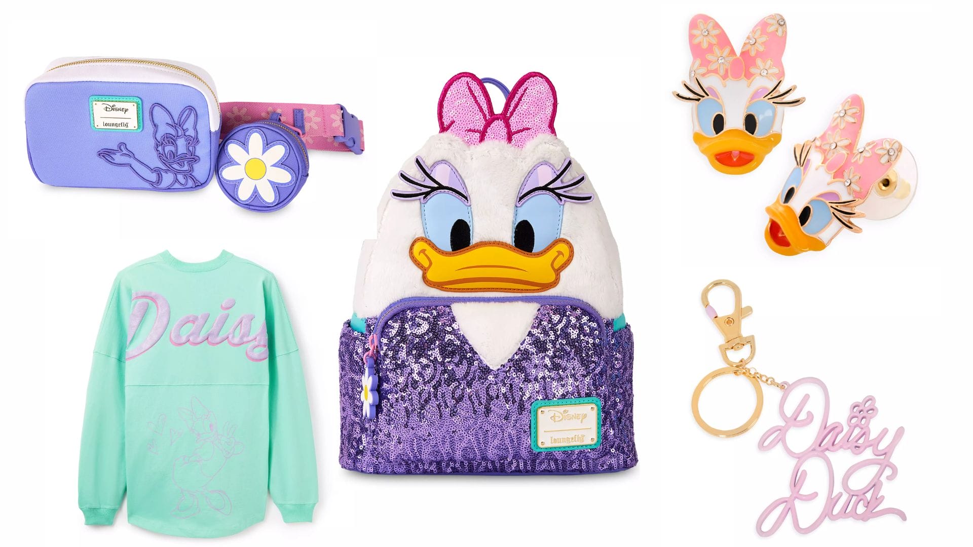 Assorted Daisy Duck-themed merchandise, including Loungefly bags, shirt, pouch, earrings, and keychain.