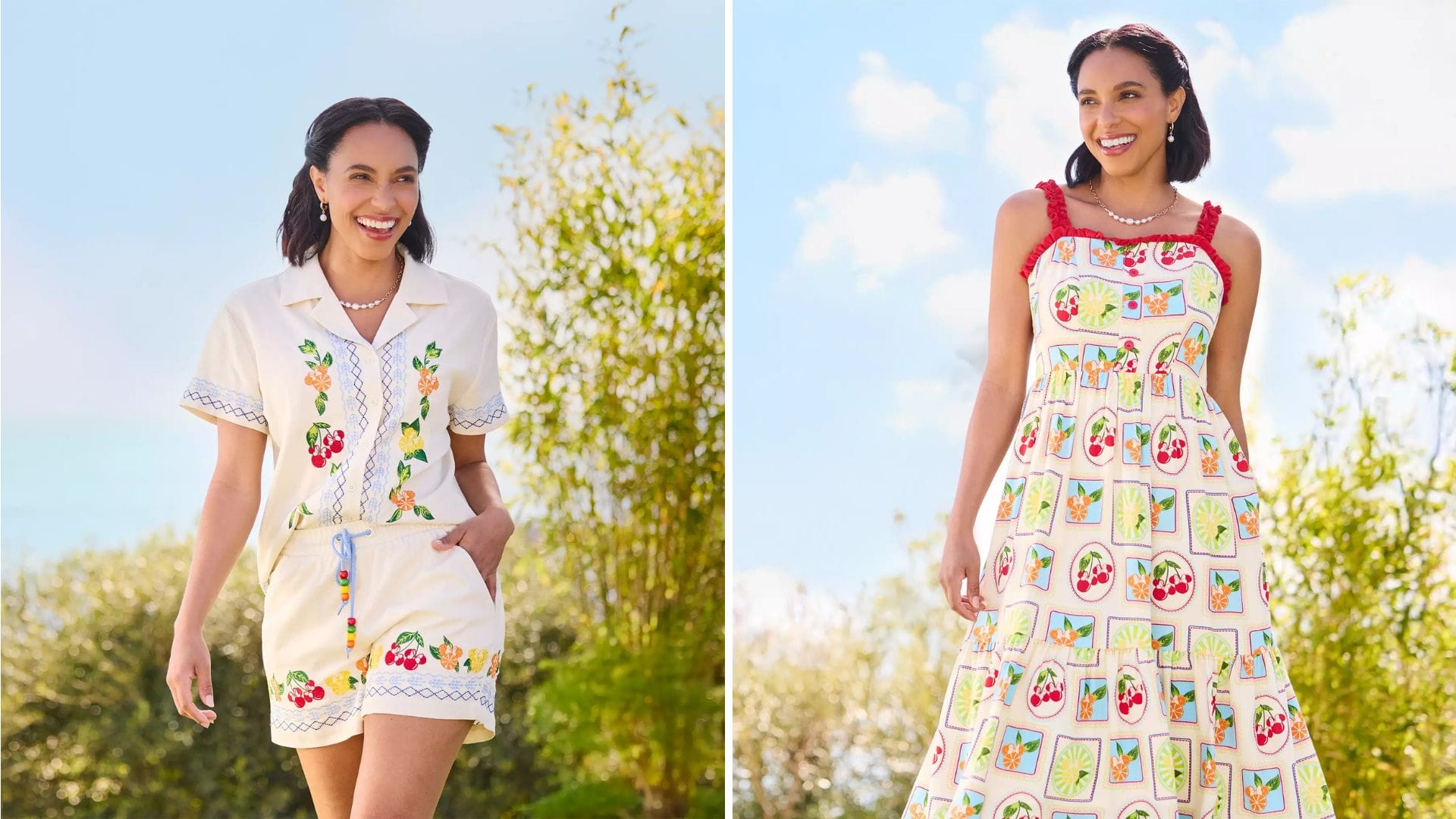 A woman outdoors wears a Disney Store Summer Fruits Dress on the right and a fruit-print shorts set on the left.