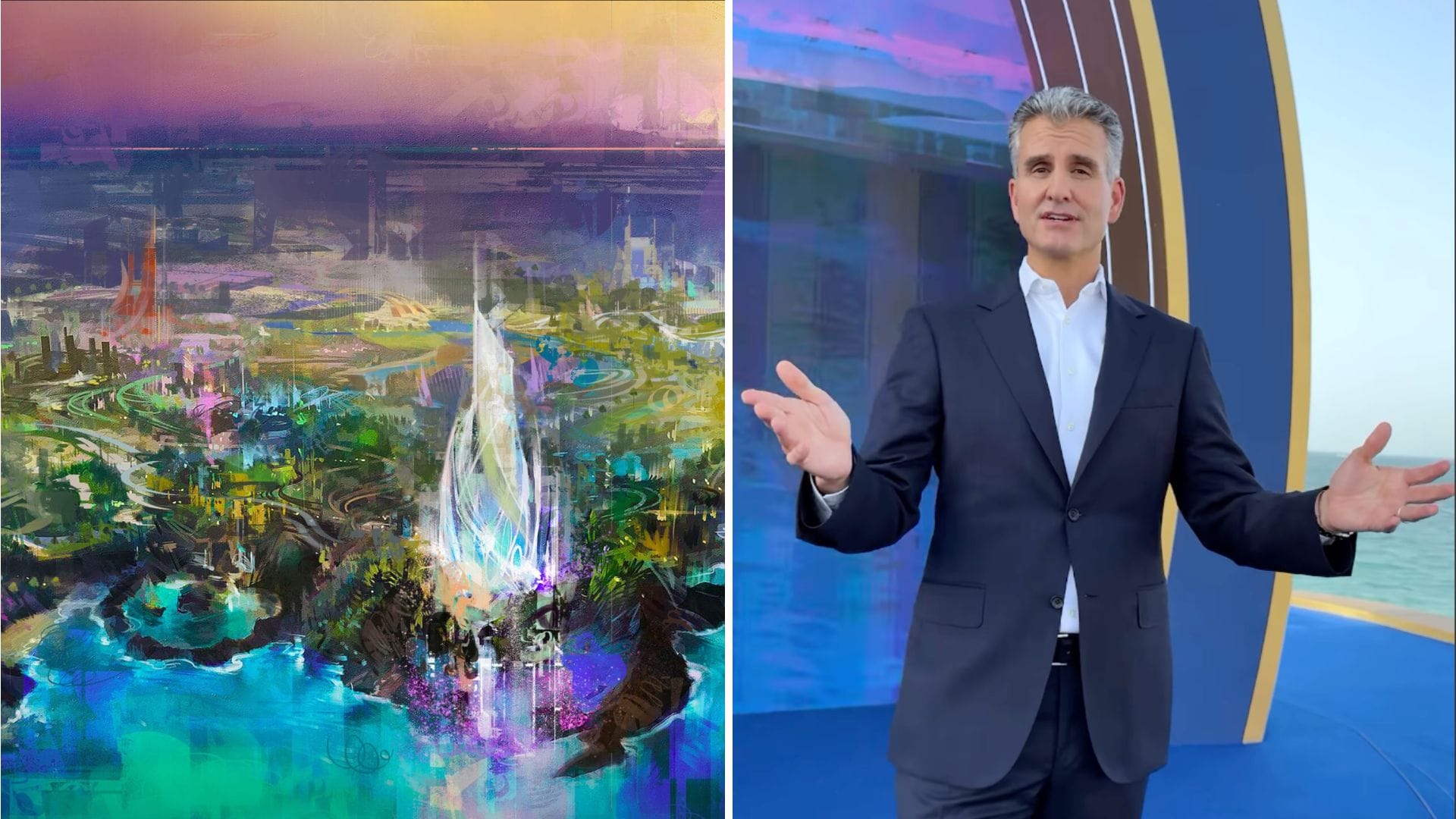 Josh D'Amaro gestures beside concept art of a colorful, futuristic new Disney park by the water.