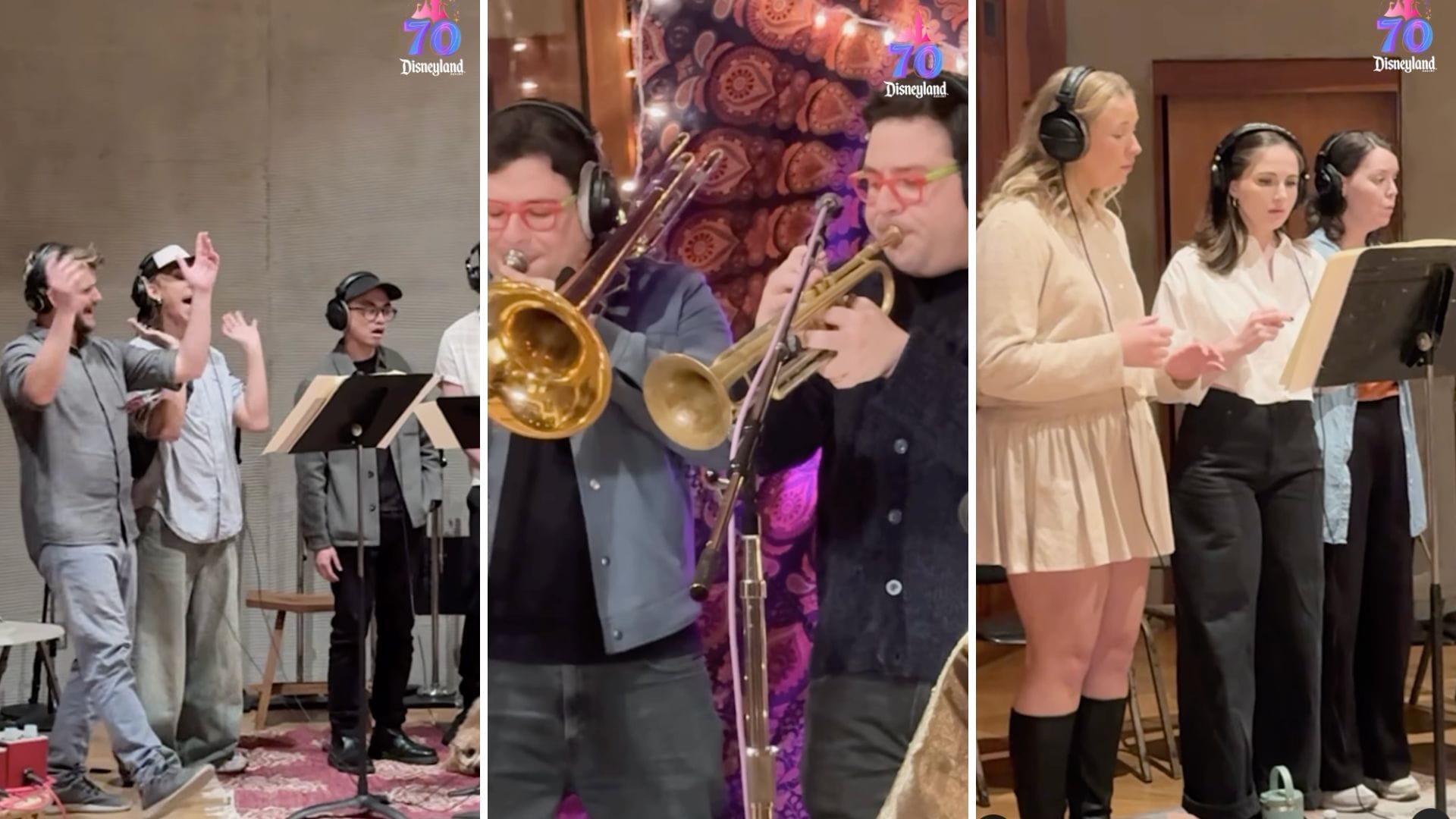 Three photos: Boyz II Men at microphones, trombone players, and two women singing in a recording studio.