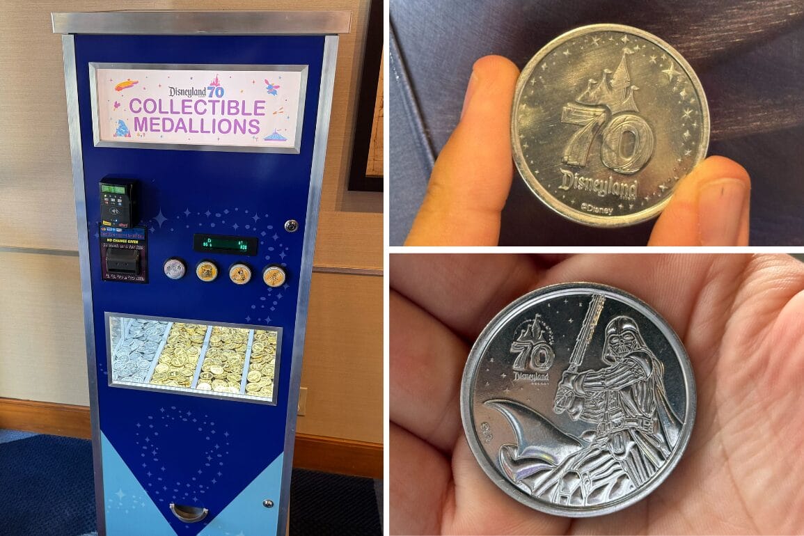 A Disneyland 70th medallion vending machine and close-ups of collectible medallions, including one with Darth Vader.