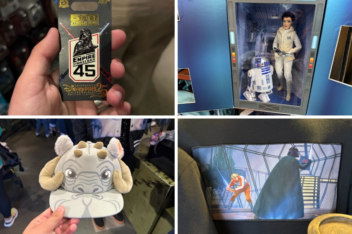 Collage: Empire Strikes Back pin, Leia and R2-D2 doll, Tauntaun hat, and Star Wars jacket scene with Vader.