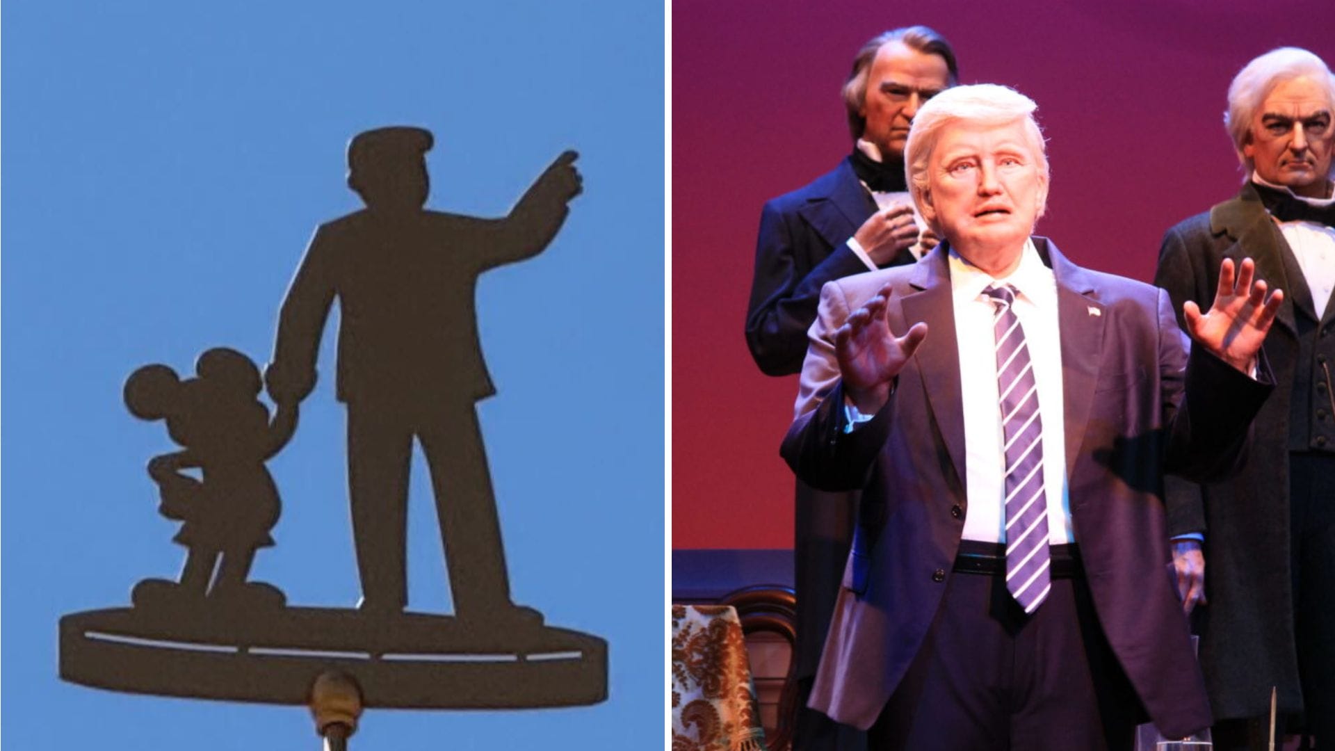 Left: Walt Disney Silhouette with Mickey Mouse. Right: Realistic statue of a man in a suit—Disneyland 70th Anniversary.