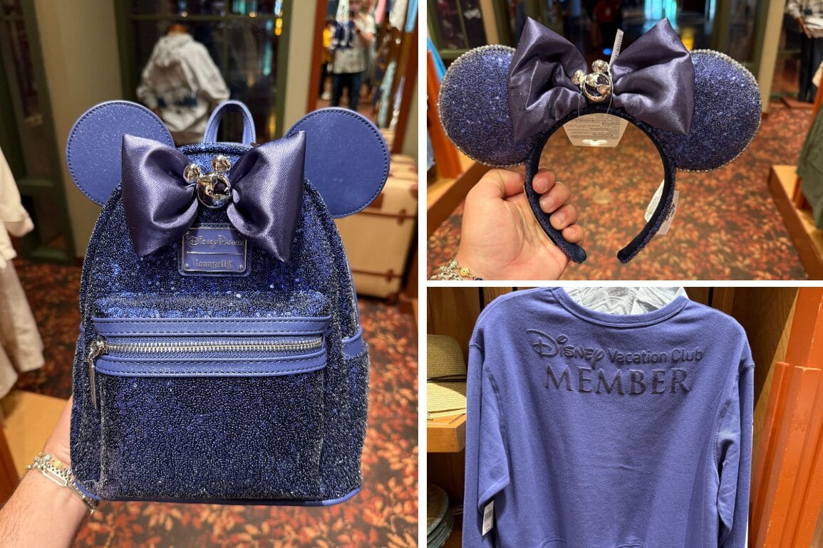 A sparkly blue Minnie backpack, matching Minnie ears, and Disney Vacation Club Apparel Collection shirt on display.
