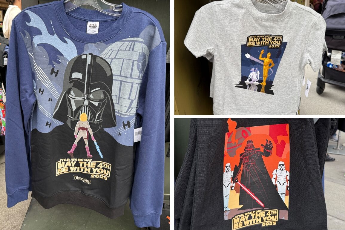 Three shirts featuring Star Wars designs and “May the 4th” text are displayed in-store for Star Wars Day.
