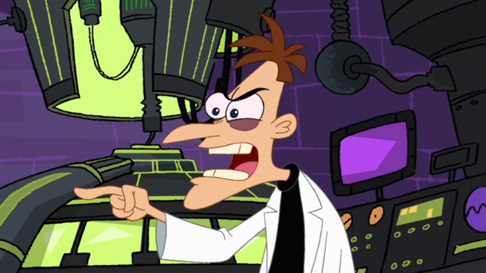 dr heinz doofenshmirtz from phineas and ferb angrily points in a high-tech laboratory.