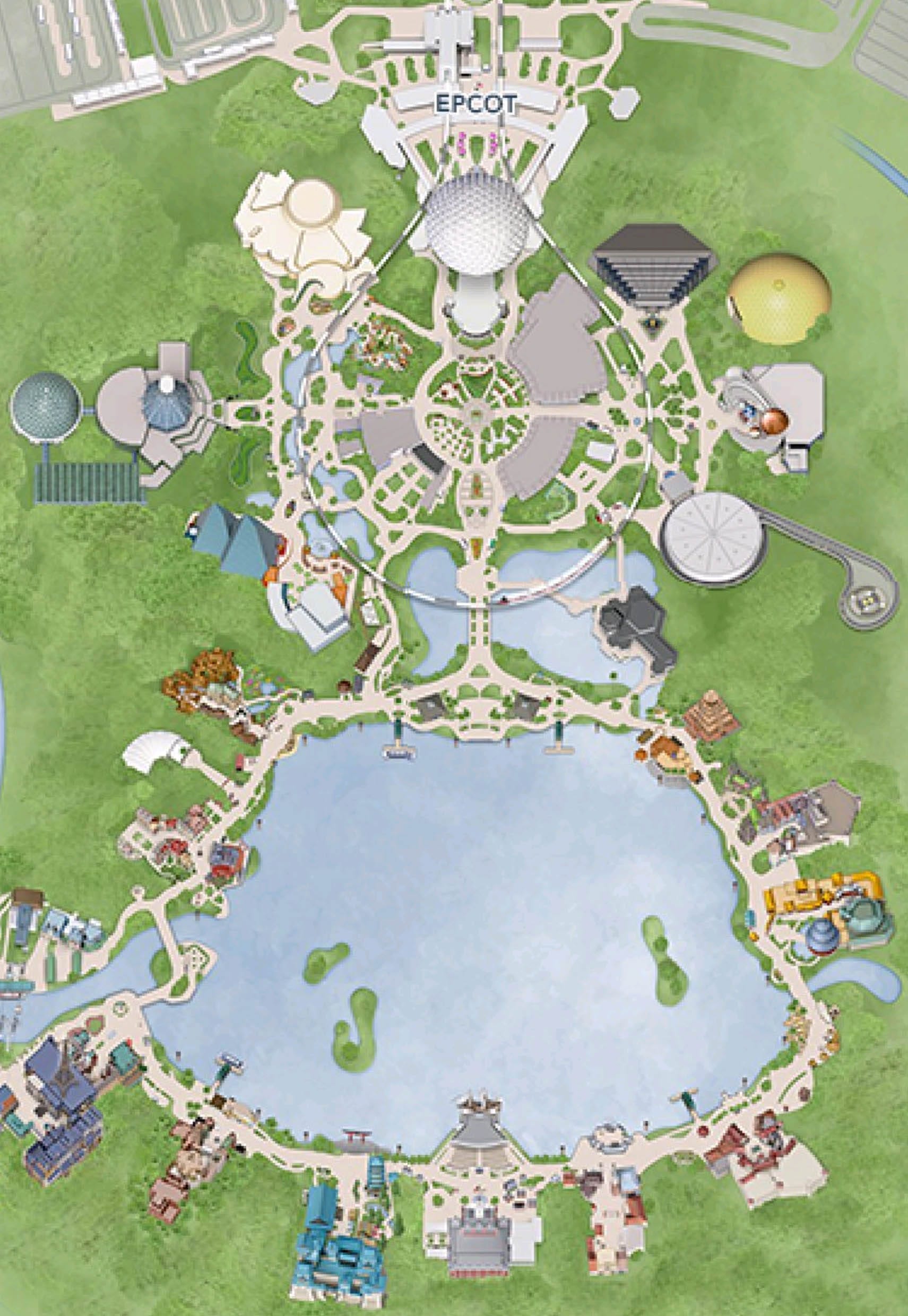 Illustrated map of EPCOT at Walt Disney World showing attractions, pathways, and a central lake with surrounding pavilions.