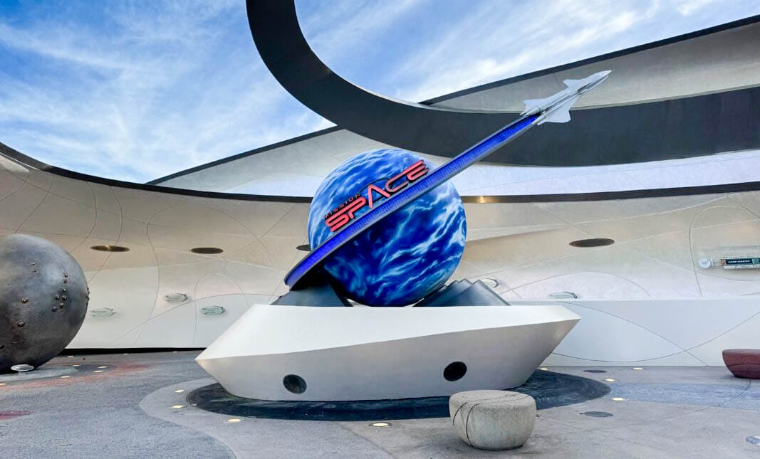 A large blue globe outside the Mission: SPACE attraction at EPCOT, Walt Disney World.