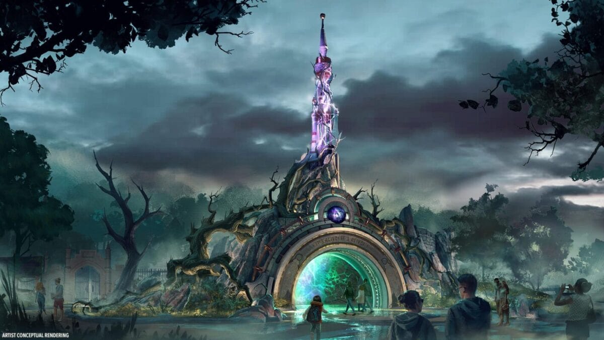 A futuristic, glowing tower rises at Epic Universe from a portal of vines, as people observe under a cloudy sky. Epic Universe Dark universe a portal of vines, as people observe under a cloudy sky.
