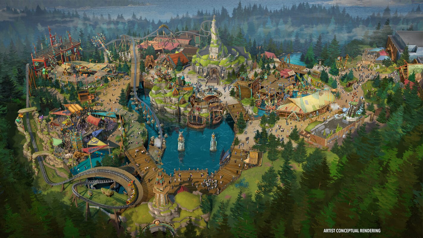Artist’s rendering of Epic Universe, a Universal Orlando theme park set amid forested mountains with rides and water features. Artist’s rendering of Epic Universe, a Universal Orlando theme park how to train your dragon
