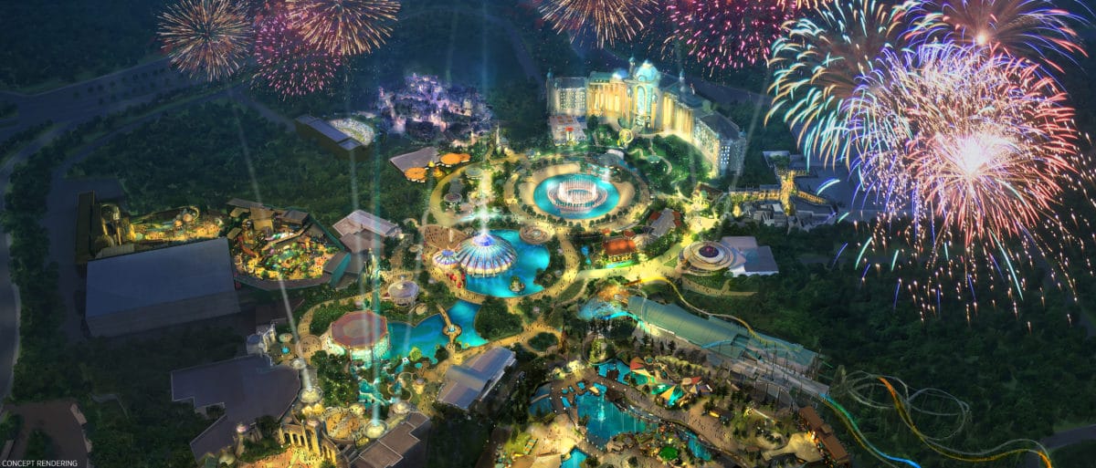 Aerial view of Universal Orlando’s Epic Universe at night, dazzling with lights and colorful fireworks above. Aerial view of Universal Orlando’s Epic Universe at night, dazzling with lights and colorful fireworks above.