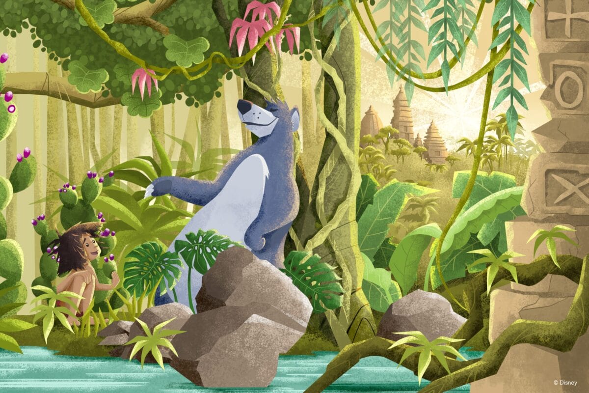 Disney Characters, stand among lush jungle plants near ancient ruins and temples.
