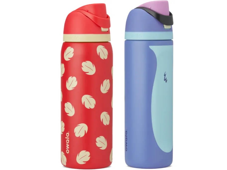 Two Owala Collection water bottles: one red with white leaf prints, one blue and purple with a light blue accent.