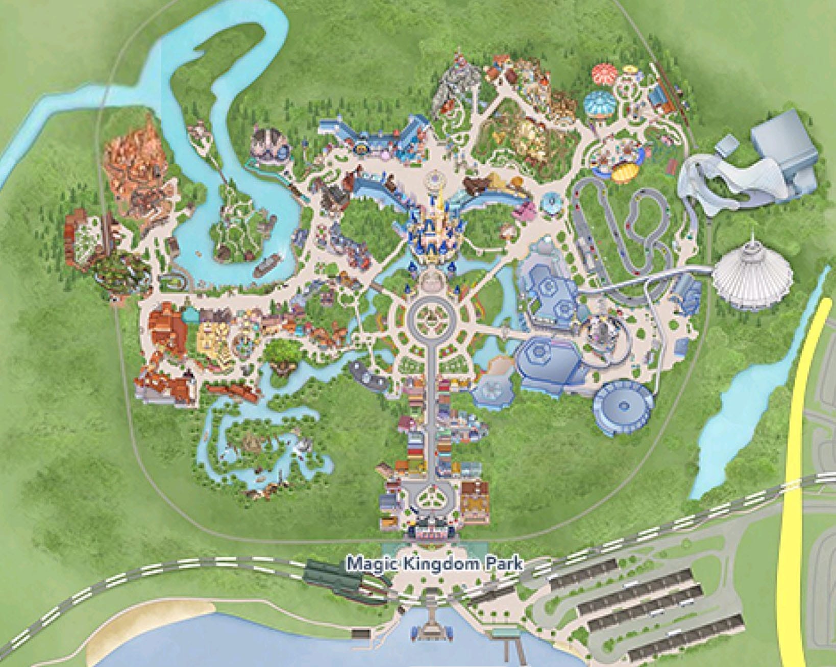 Illustrated map of Magic Kingdom at Walt Disney World showing themed lands, attractions, and pathways to the central castle.