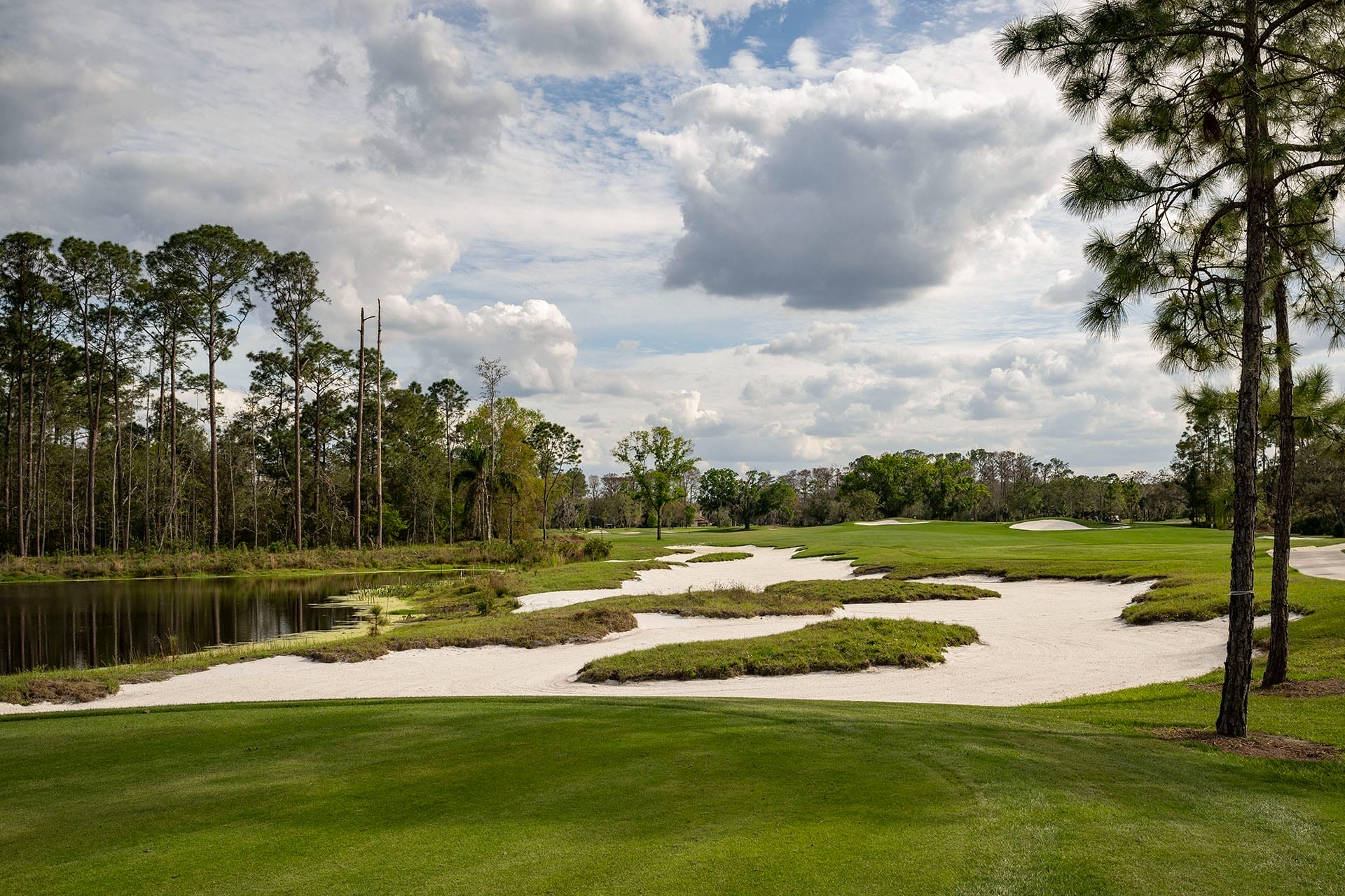 The Magnolia golf course with sand bunkers, green grass, and a pond at Disney World