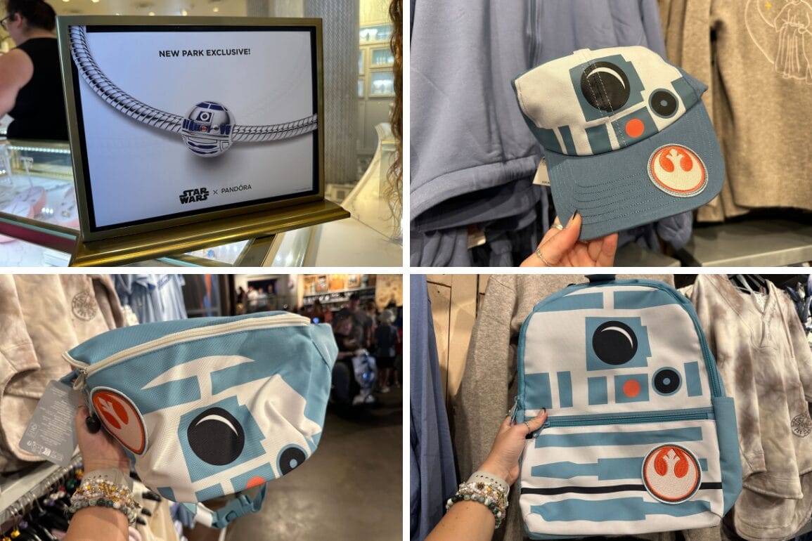 Four photos showcase R2-D2 merchandise: a Pandora charm, a hat, a fanny pack, and a backpack.