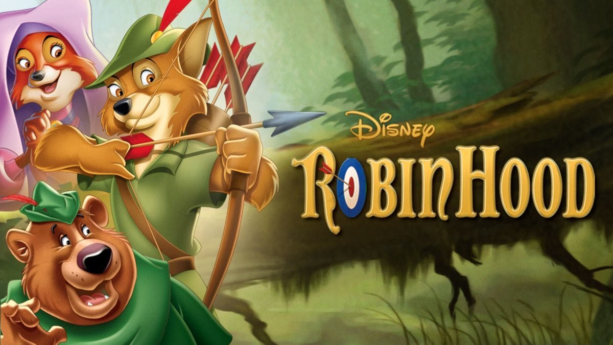 Robin Hood aims a bow, with Disney Characters and “Disney Robin Hood” text on the right.