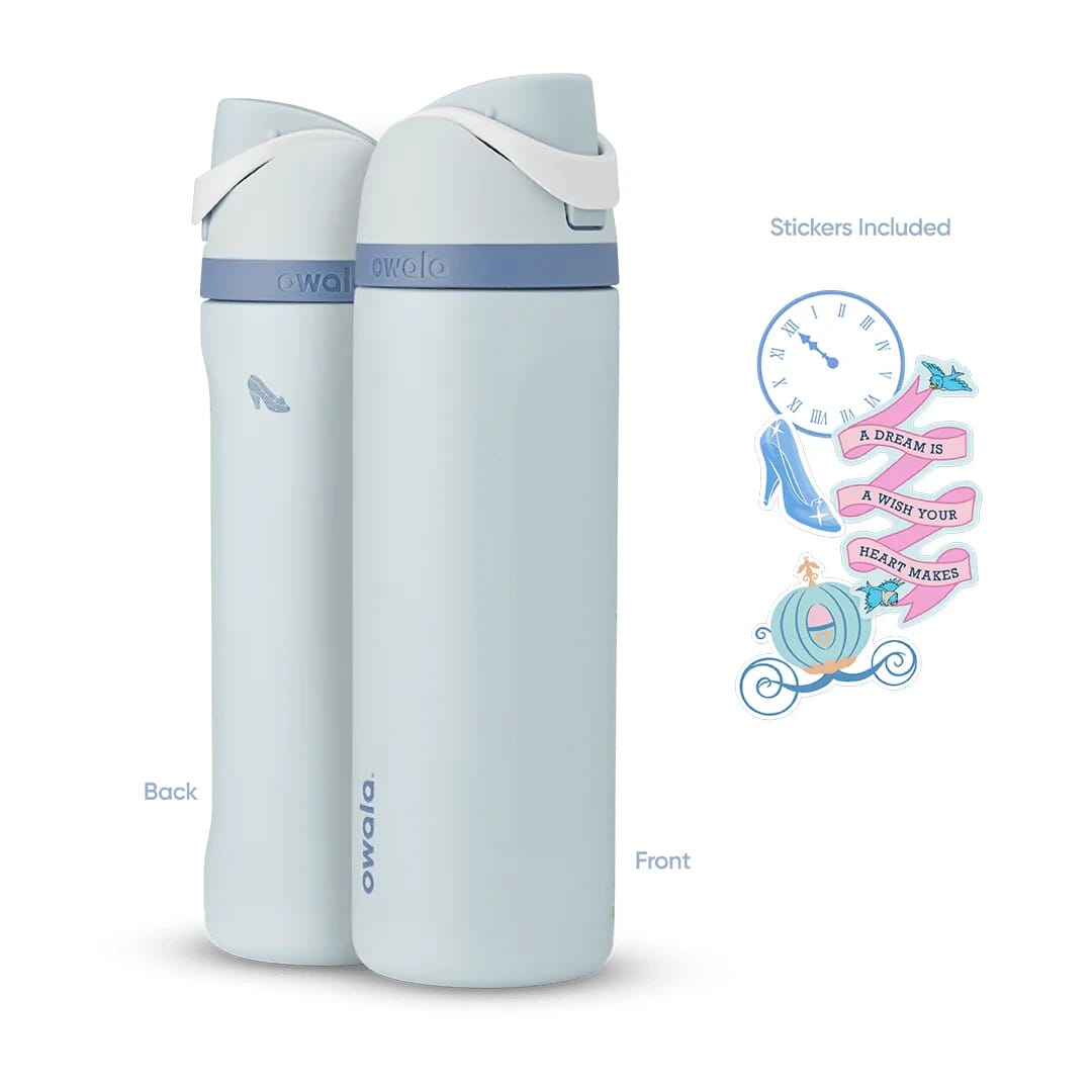 Two light blue Owala Collection water bottles, front and back, with Disney Princess Cinderella-themed stickers on the right.