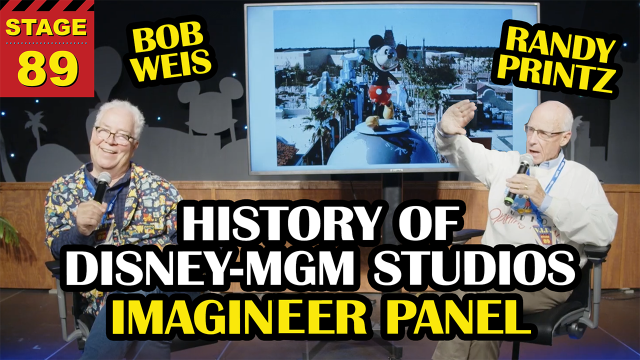 Two men speak on stage at Stage 89 with a Mickey Mouse photo; text reads "History of Disney-MGM Studios Imagineer Panel.