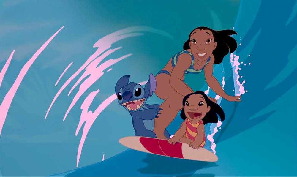 Animated girl, blue alien, and older girl surf a wave, smiling—perfect Stitch wallpaper for free downloads.