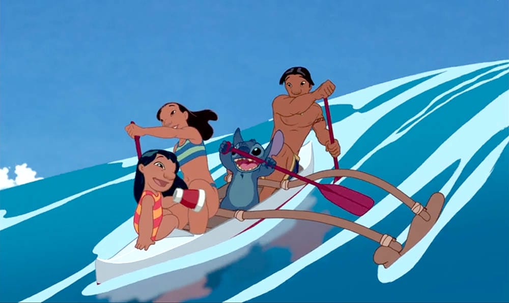 Three characters and an alien paddle a canoe on stylized waves—perfect as Stitch Wallpaper for free downloads.