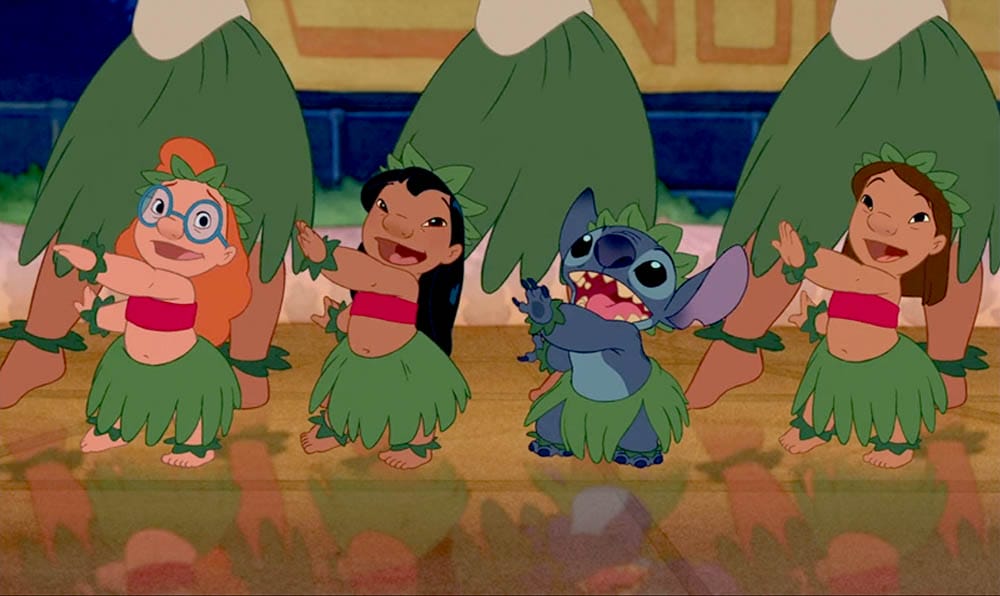 Four animated children, including Stitch, perform a hula dance—perfect for your Stitch Wallpaper collection.
