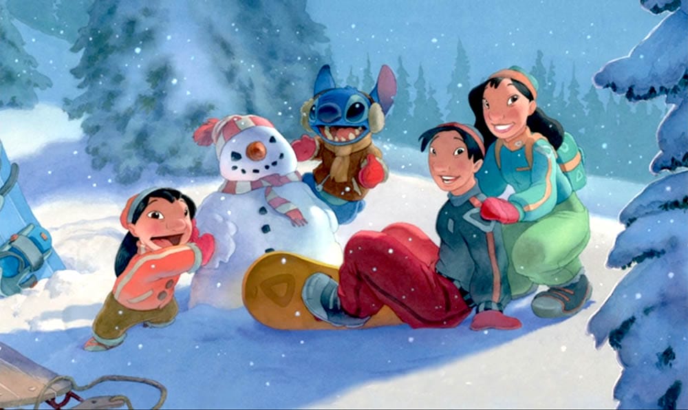 Four animated characters and a snowman pose, smiling in a snowy forest—perfect for Stitch wallpaper or free downloads.