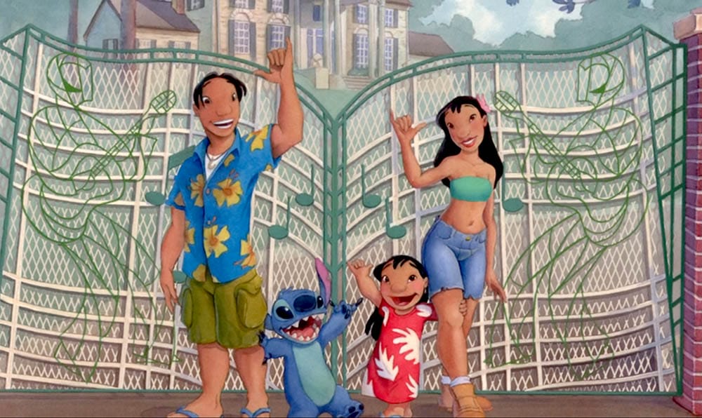 Three smiling characters and an alien pose with "hang loose" hands—perfect for Stitch Wallpaper or Free Downloads.