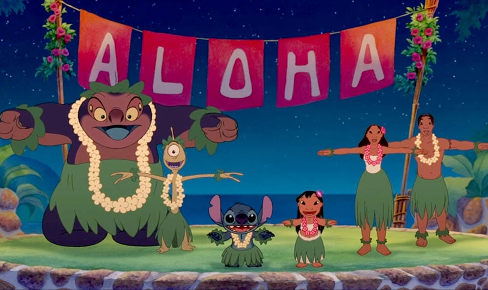 Animated characters in grass skirts dance on stage under "ALOHA"—perfect Stitch Wallpaper, available for free downloads.