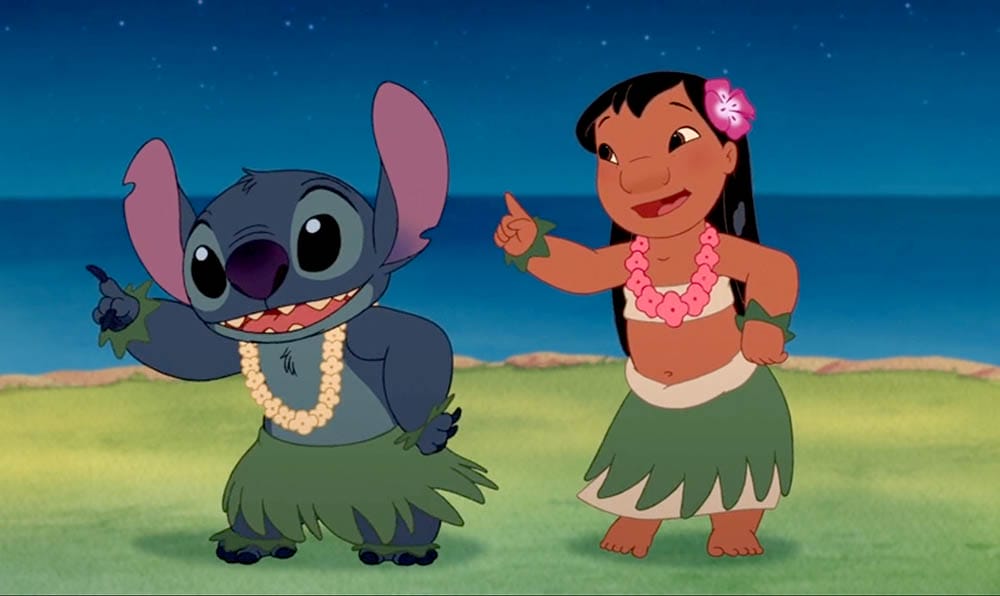 Animated girl and blue alien hula by the ocean at night—perfect Stitch Wallpaper for Free Downloads.