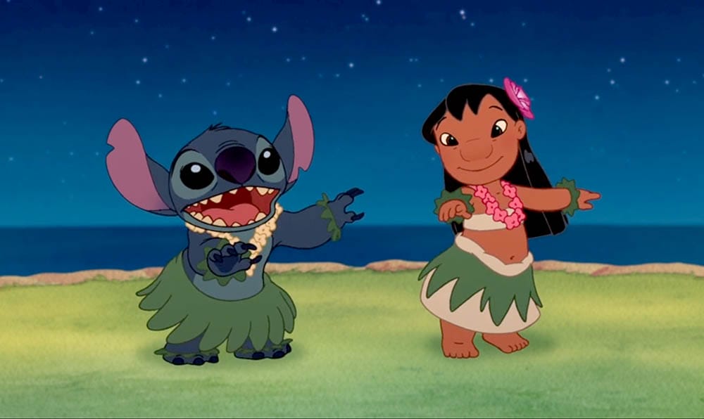 Animated Lilo and Stitch dance hula in grass skirts under a night sky—perfect Stitch wallpaper for free downloads.