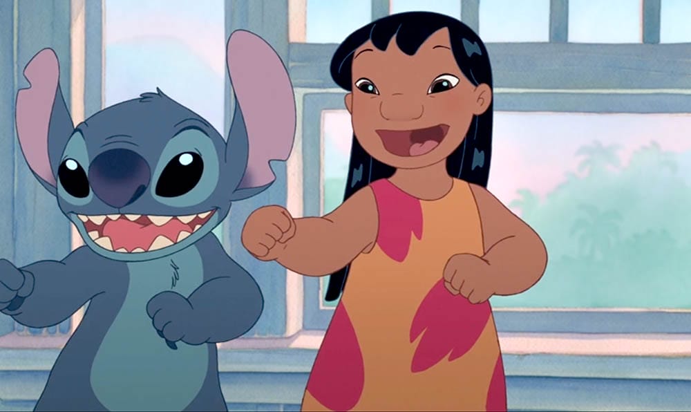 Animated characters Stitch and Lilo dance and smile together in a bright room—perfect Stitch wallpaper for free downloads.