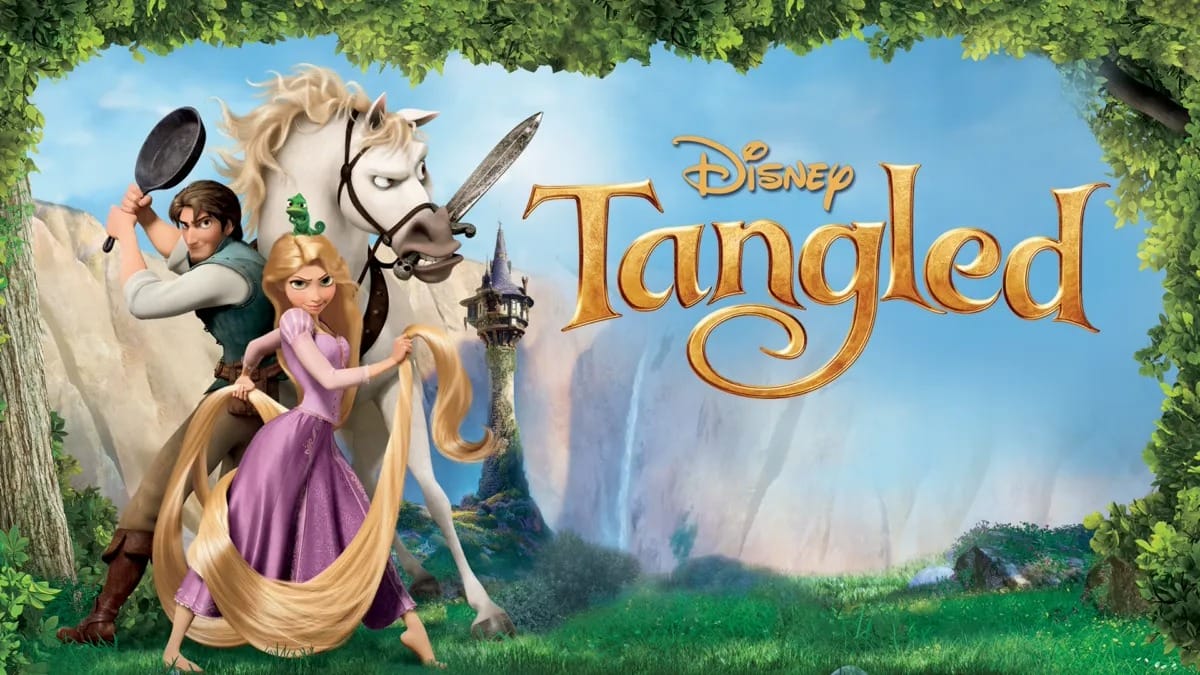 Rapunzel stands with Flynn Rider and Maximus from hte Disney Movie Tangled