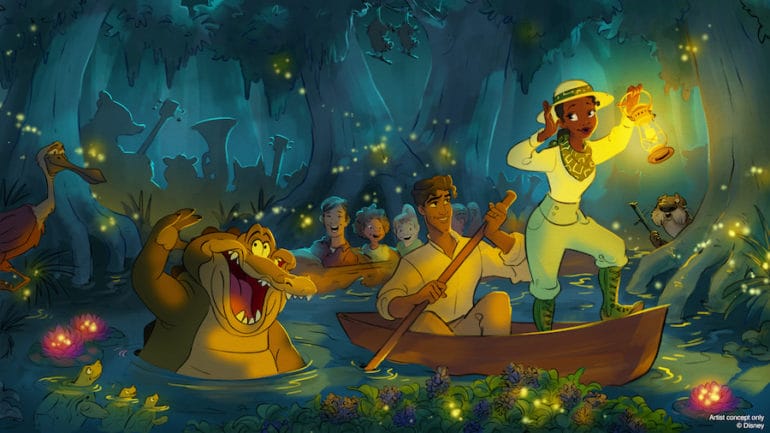 Tiana holding a lantern stands in a boat with Disney characters